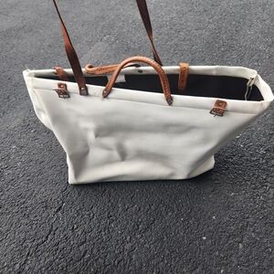 Large  White and Brown Leather and Vinyl Utility Tote Bag